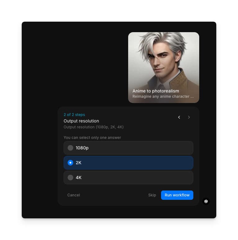 Output resolution selection showing radio buttons for 1080p, 2K, and 4K with a Run workflow button
