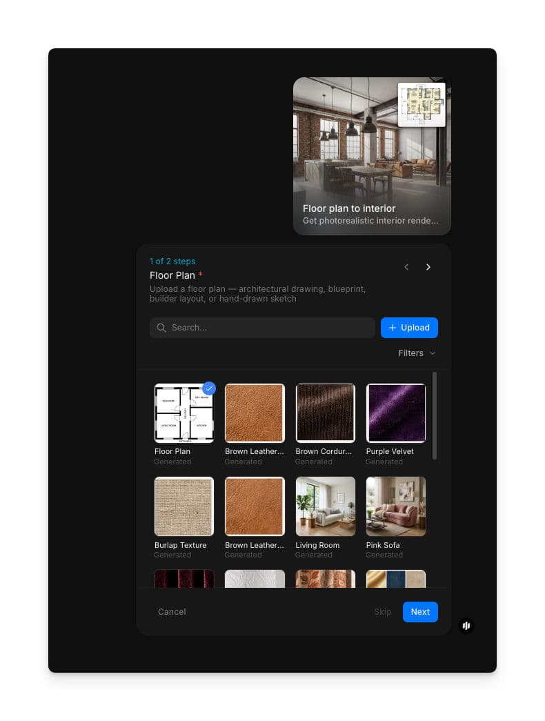 Floor Plan field with a searchable gallery in the Morphic floor plan to interior workflow