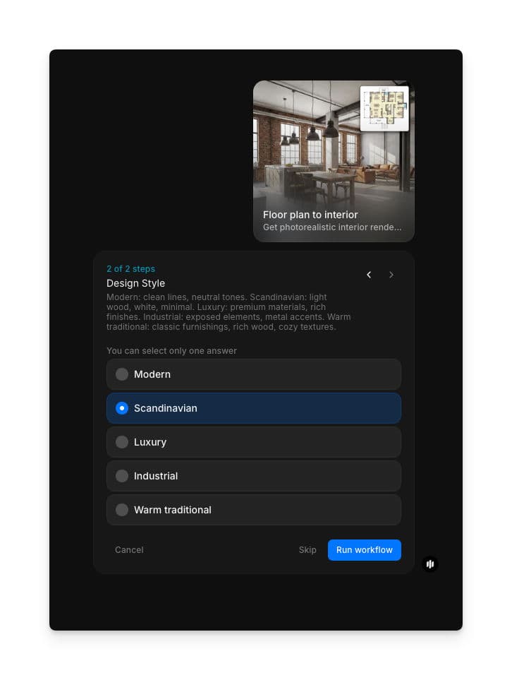 Design Style selection showing checkboxes for Modern, Scandinavian, Luxury, Industrial, and Warm traditional with a Run workflow button