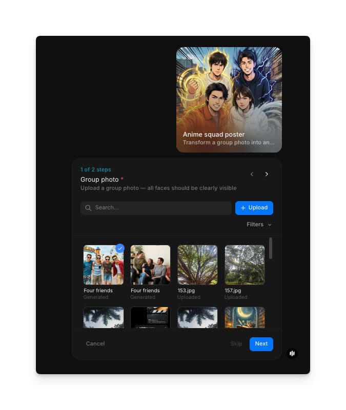 Morphic Anime squad poster workflow step 1 showing the Group photo field with upload area and recent files