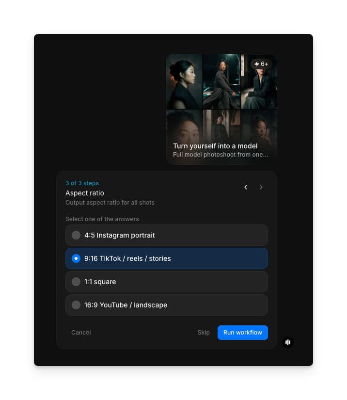 Aspect ratio selection screen with 4:5 Instagram portrait, 9:16 TikTok / reels / stories, 1:1 square, and 16:9 YouTube / landscape options