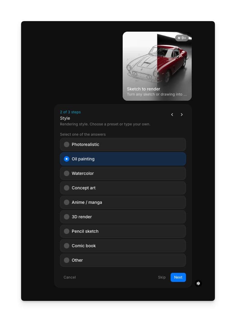 Style selection screen showing Photorealistic, Oil painting, Watercolor, Concept art, Anime / manga, 3D render, Pencil sketch, Comic book, and Other options