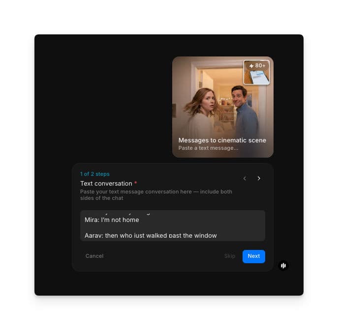 Text conversation text area in the Messages to cinematic scene workflow