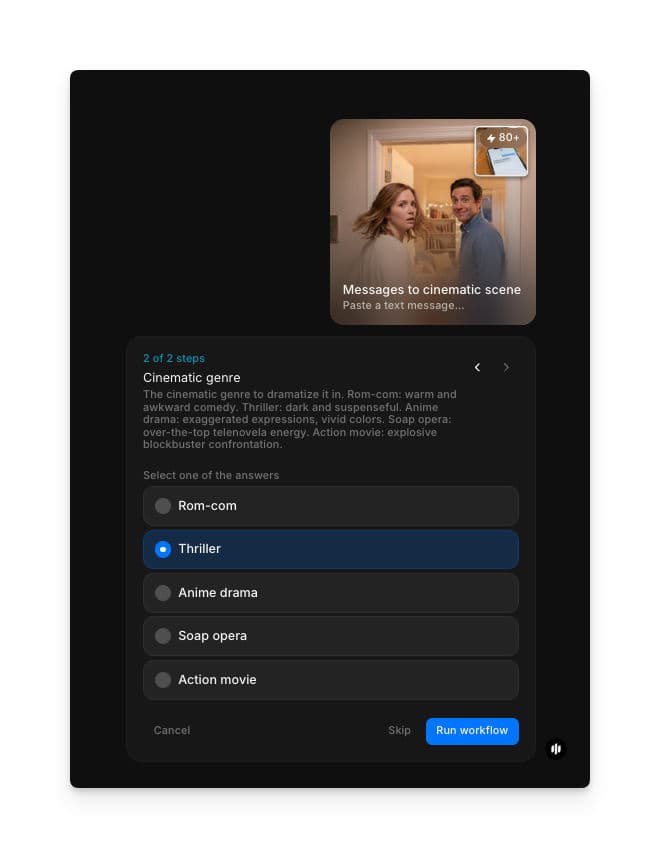 Cinematic genre selection showing radio buttons for Rom-com, Thriller, Anime drama, Soap opera, and Action movie with a Run workflow button