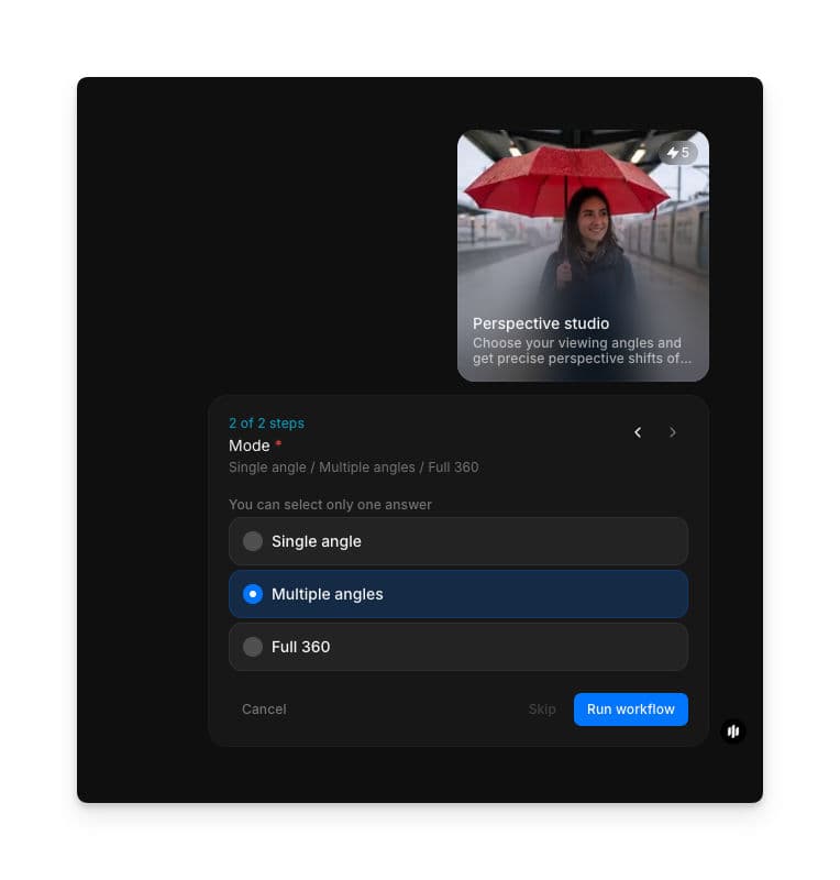 Mode selection showing radio buttons for Single angle, Multiple angles, and Full 360 with a Run workflow button