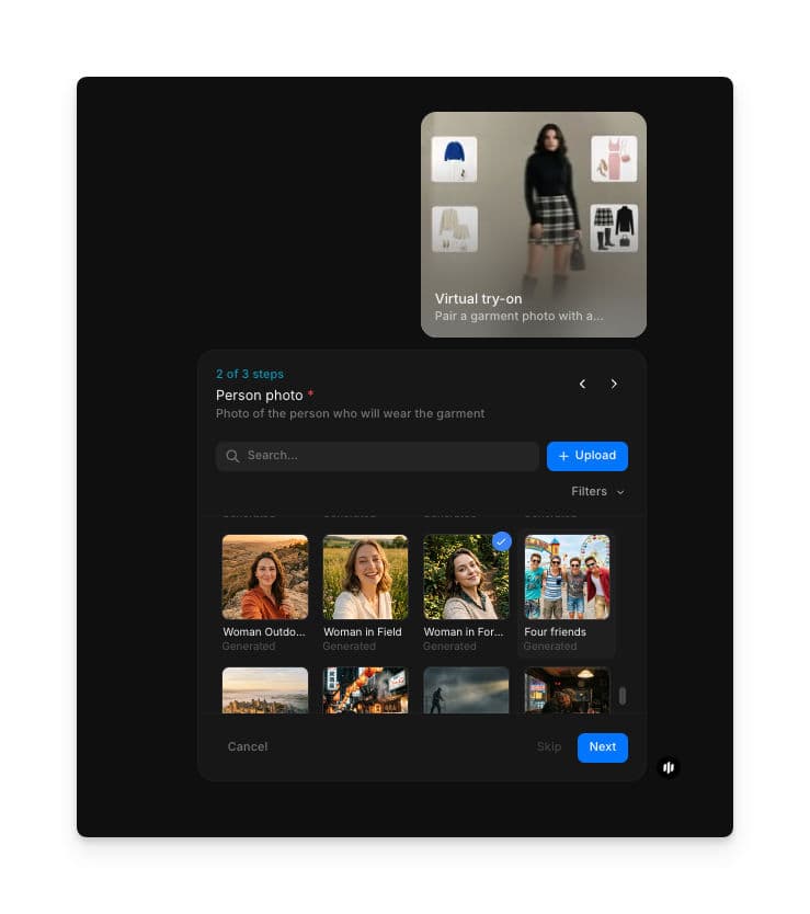 Person photo field in Morphic's Virtual try-on workflow showing upload options