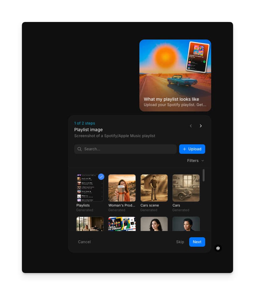 What my playlist looks like workflow step 1 showing the Playlist image field with a searchable gallery and an Upload button