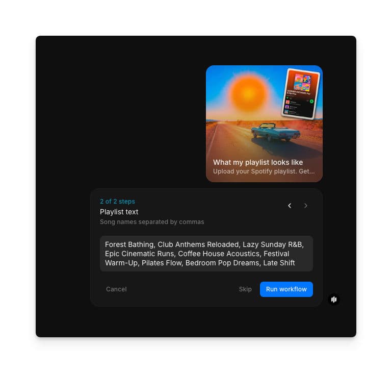 Playlist text step showing a text field with comma-separated song names and a Run workflow button