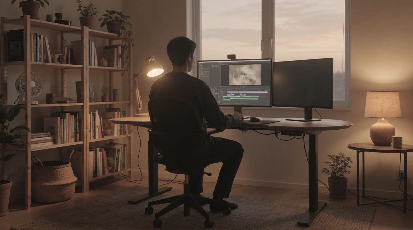 A solo creator editing at a home studio desk