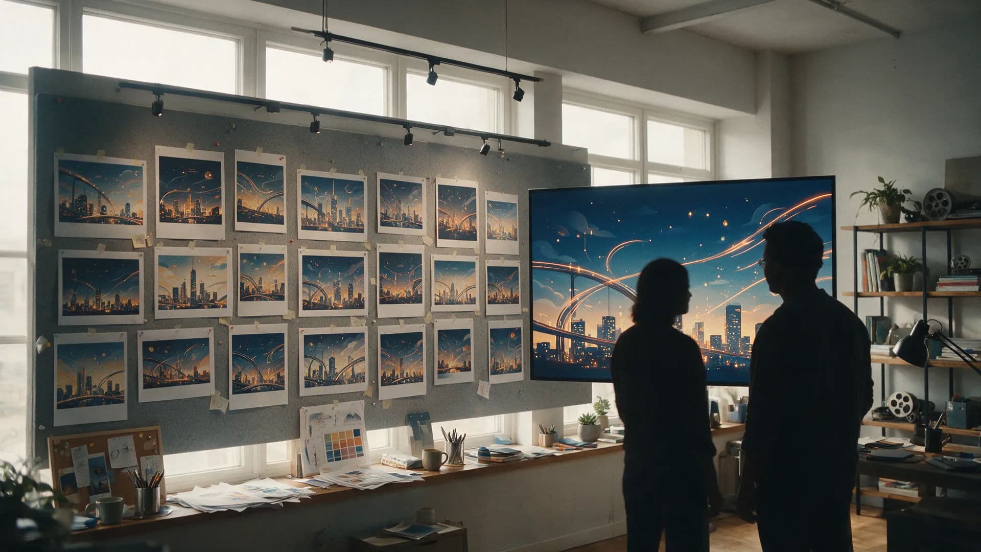 An agency wall of poster variants beside a screen where one variant becomes motion