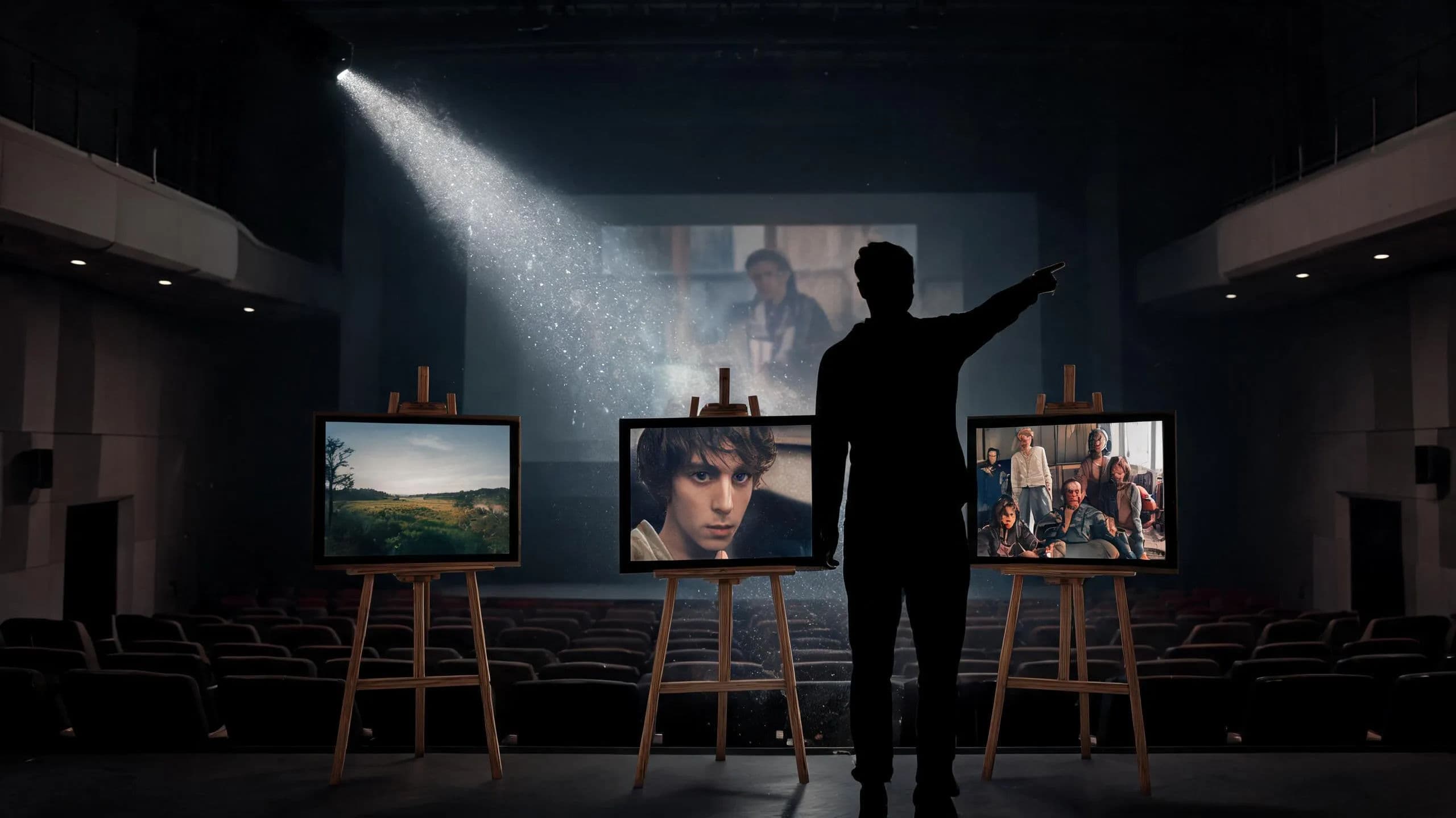 A pitch theater with film-frame boards for three different clients