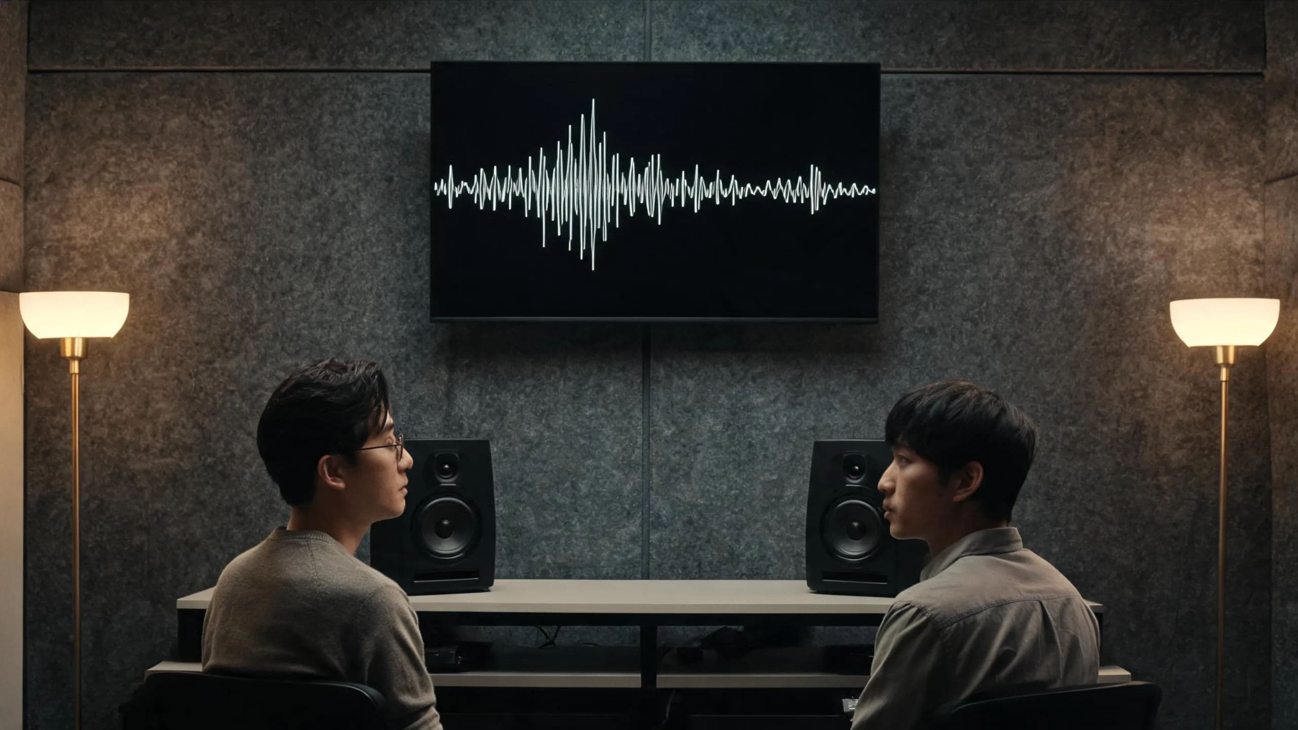 Two producers listening to a soundtrack against the ad frame it scores