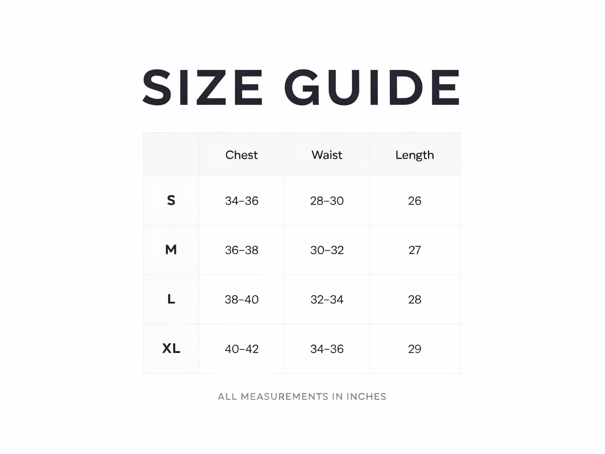 Blank labeled size chart grid with a colored header row