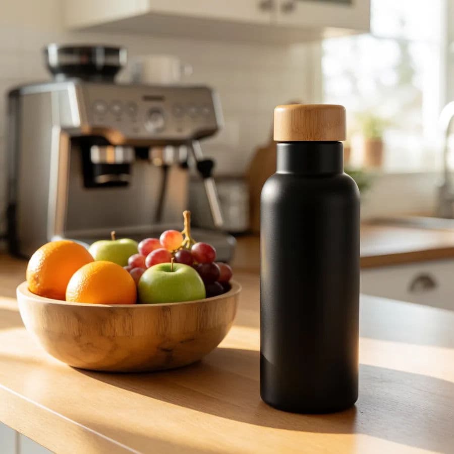 The same matte black water bottle shown on a bright kitchen counter