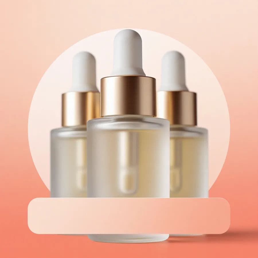 A grouped bundle of frosted skincare dropper bottles