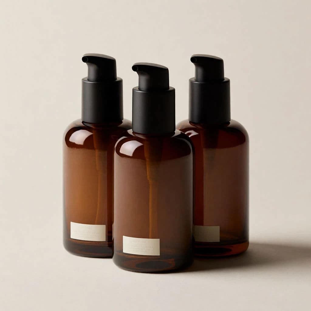 A grouped set of amber skincare bottles on a beige background with room for a label