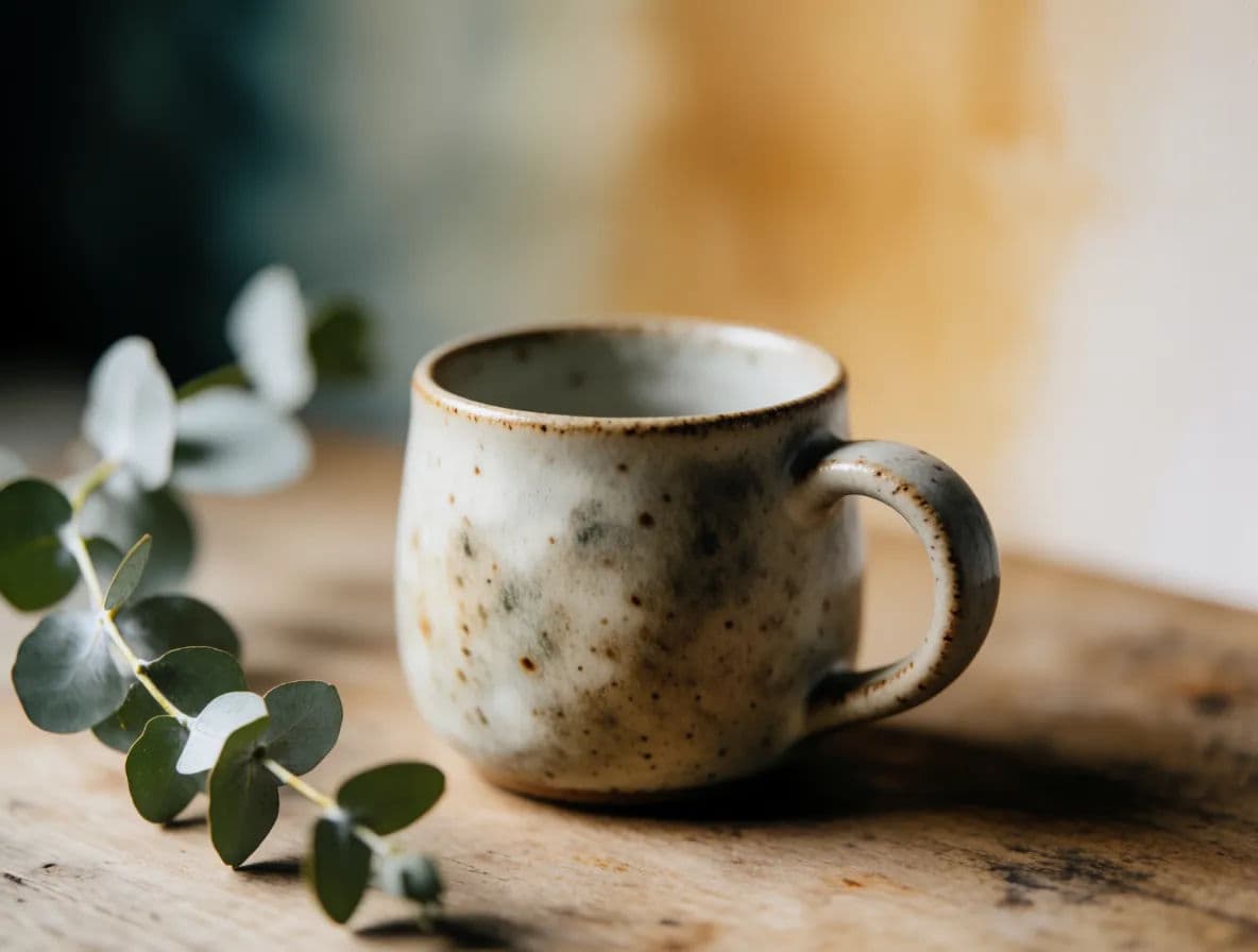 Speckled ceramic mug styled on rustic wood with eucalyptus