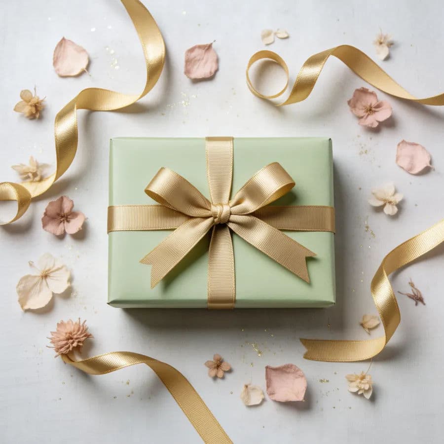 The same sage-green gift box styled in a flat-lay scene