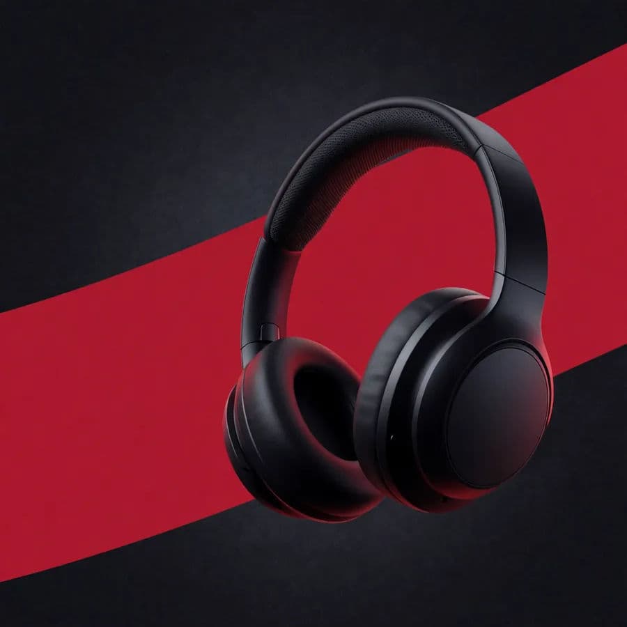 Black Friday banner with the same headphones on a bold red accent band