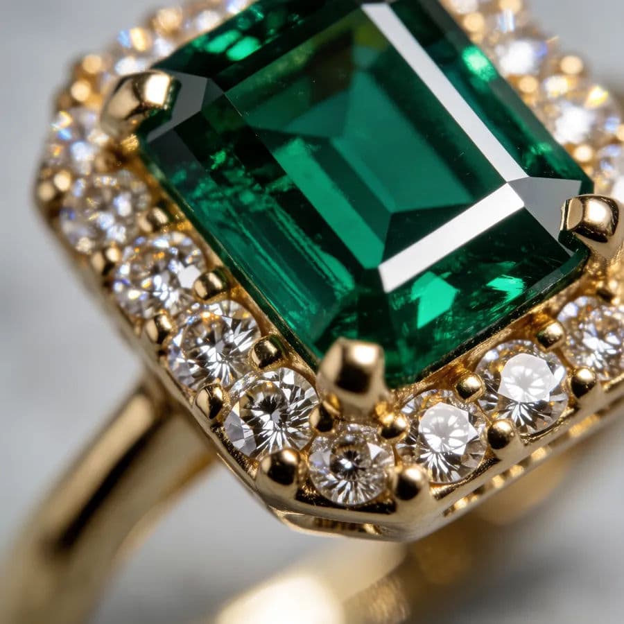 Macro close-up of the emerald and its diamond halo on the ring