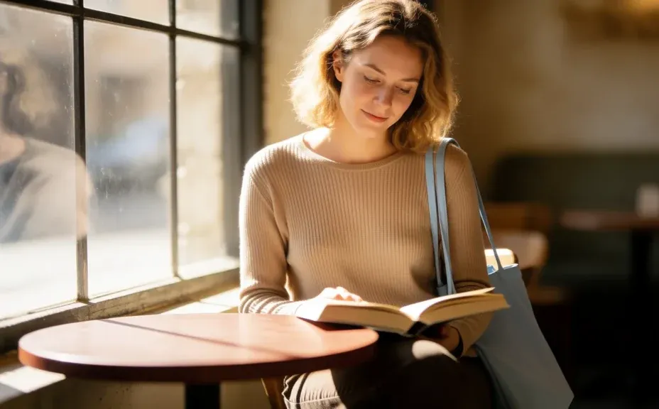 A cinematic AI image of a woman reading in a sunlit cafe with warm window light