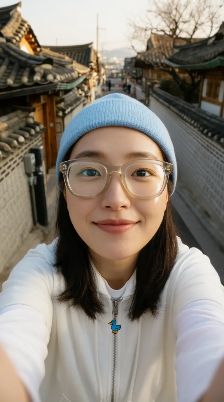 Input selfie: a woman in a beanie and glasses photographed in a narrow alley