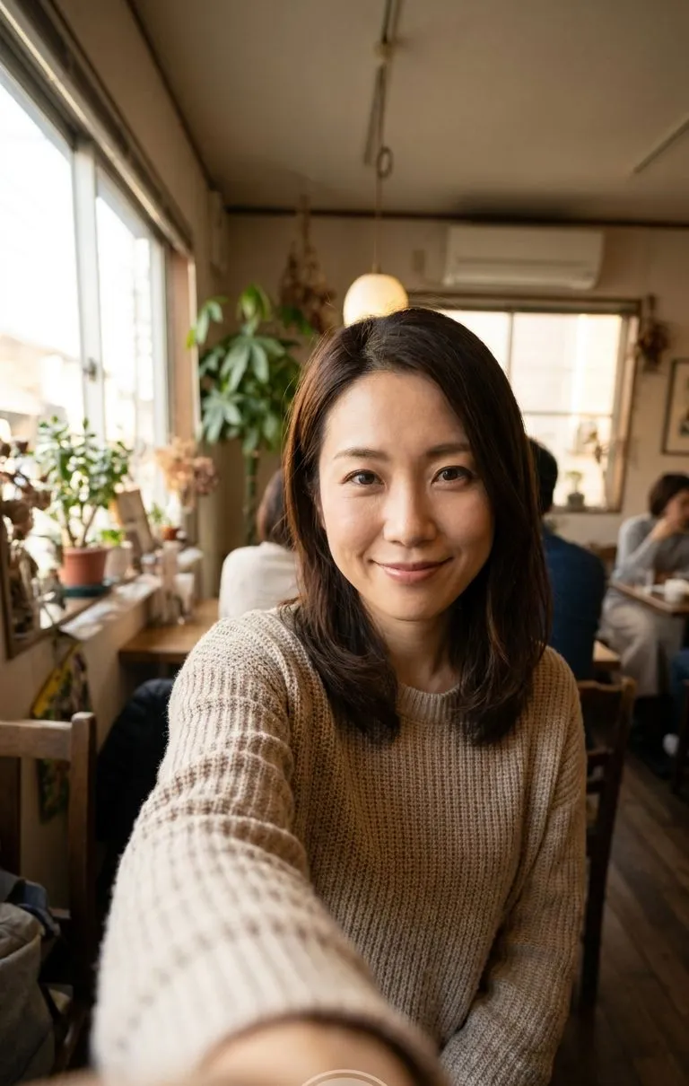 Input selfie: a woman photographed at arm's length in a small cafe