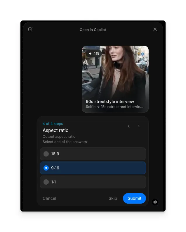 Aspect ratio step showing 16:9, 9:16, and 1:1 options with 9:16 selected and a Submit button