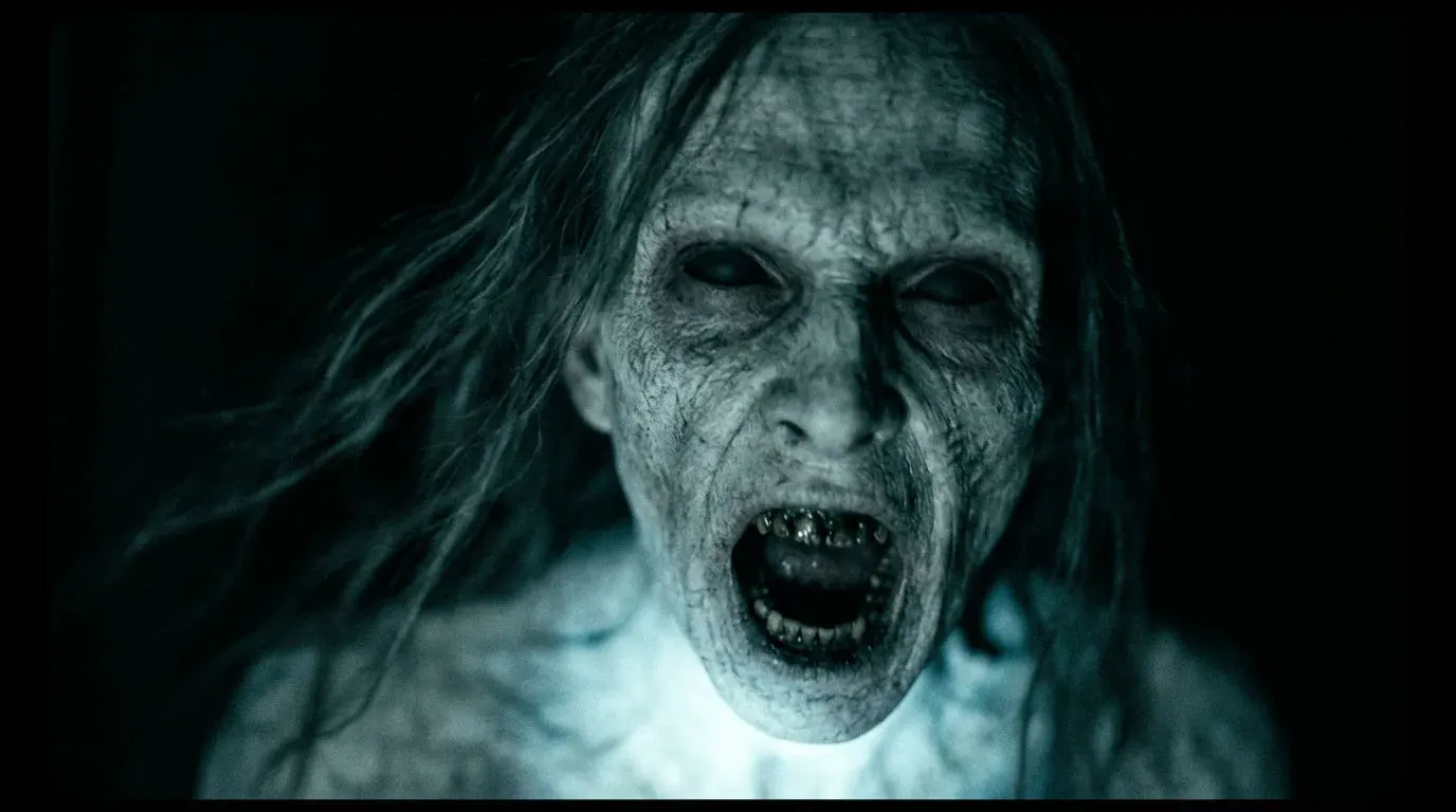 AI-generated reveal still of a pale figure with hollow eyes lit from below by a flashlight