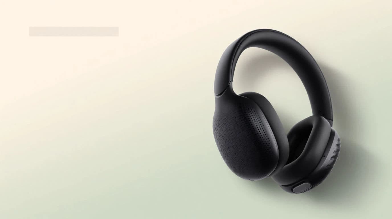 Landing page hero with headphones on the right and open space on the left