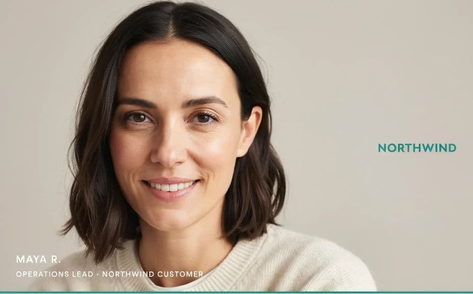 Video frame of the customer speaking to camera against a simple background