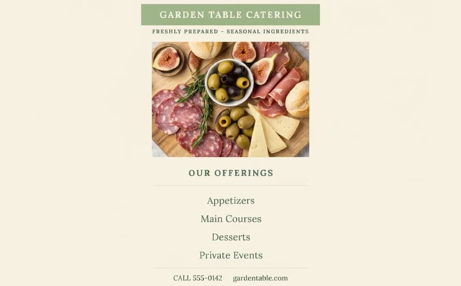Catering service flyer design with the service name and contact details