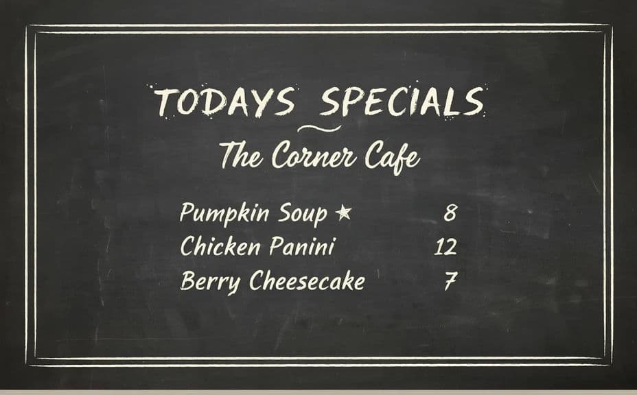 First daily specials board design with dishes and prices