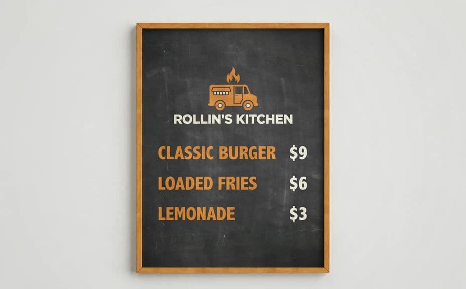 Food truck menu board design A with items and prices