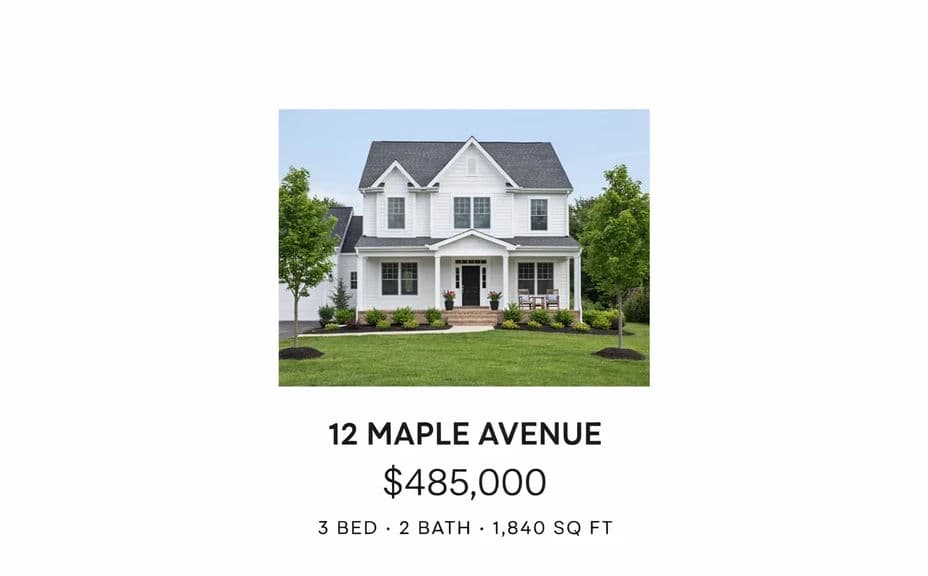 Listing flyer layout A with the property photo, address, and price