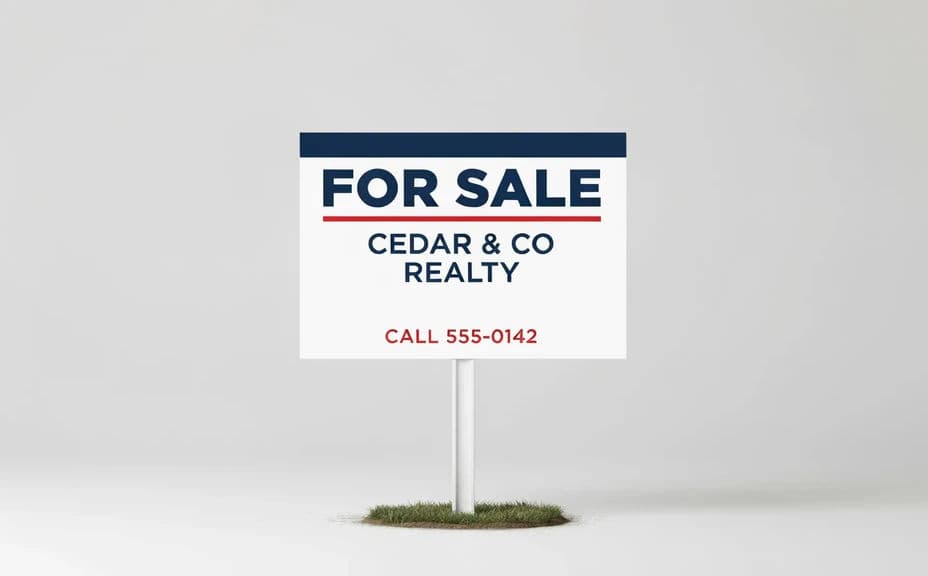 For Sale yard sign design with the agency name and a phone number