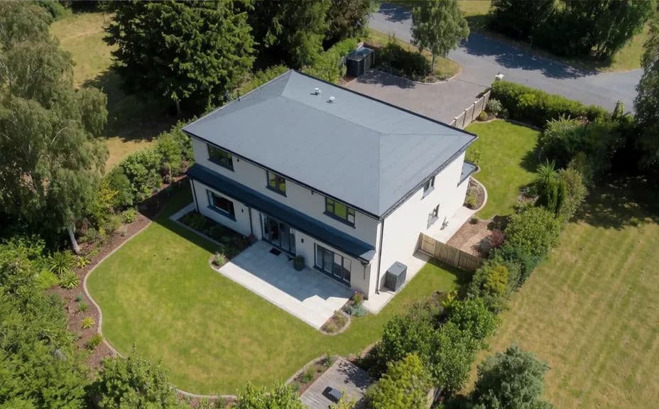 Aerial rear garden view of the property
