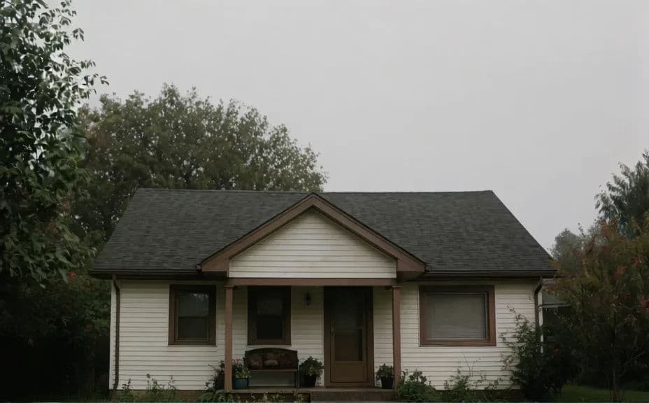 House exterior under a flat grey overcast sky