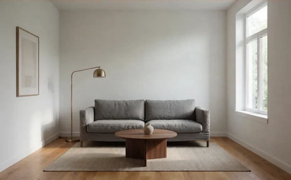 The same living room furnished with a sofa and decor after staging
