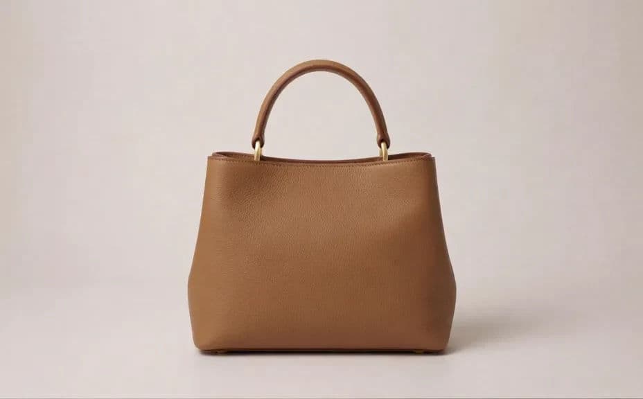 Handbag shot straight on against a pale neutral studio sweep