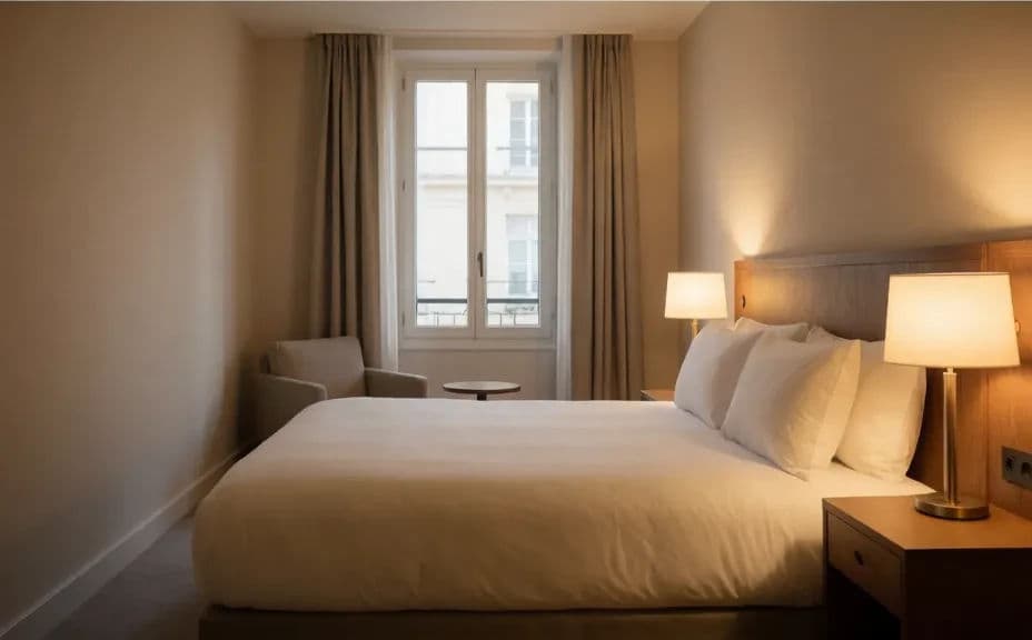 The same hotel room shown in a warmer evening version from a different angle