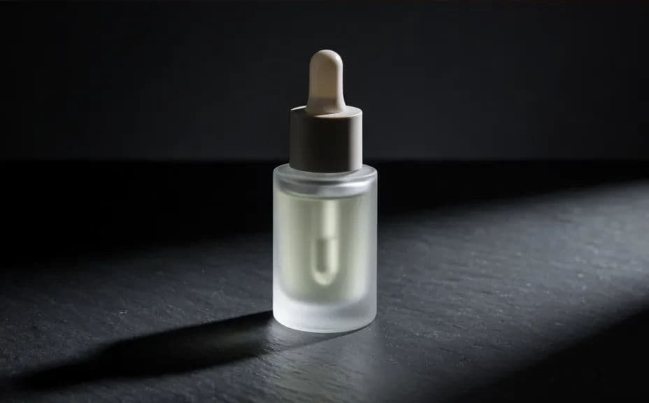 The same style of skincare bottle in a darker setup with directional light and crisp shadow
