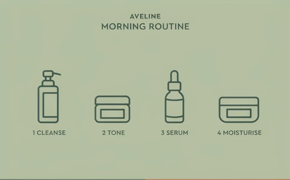 Skincare routine graphic with the numbered steps arranged in an evenly spaced row on a sage background