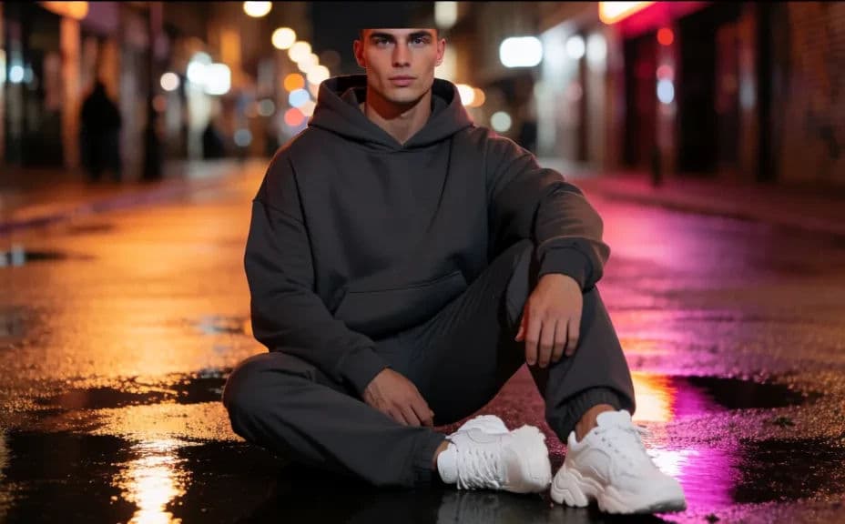 Alternate streetwear look photographed on a wet city street at night
