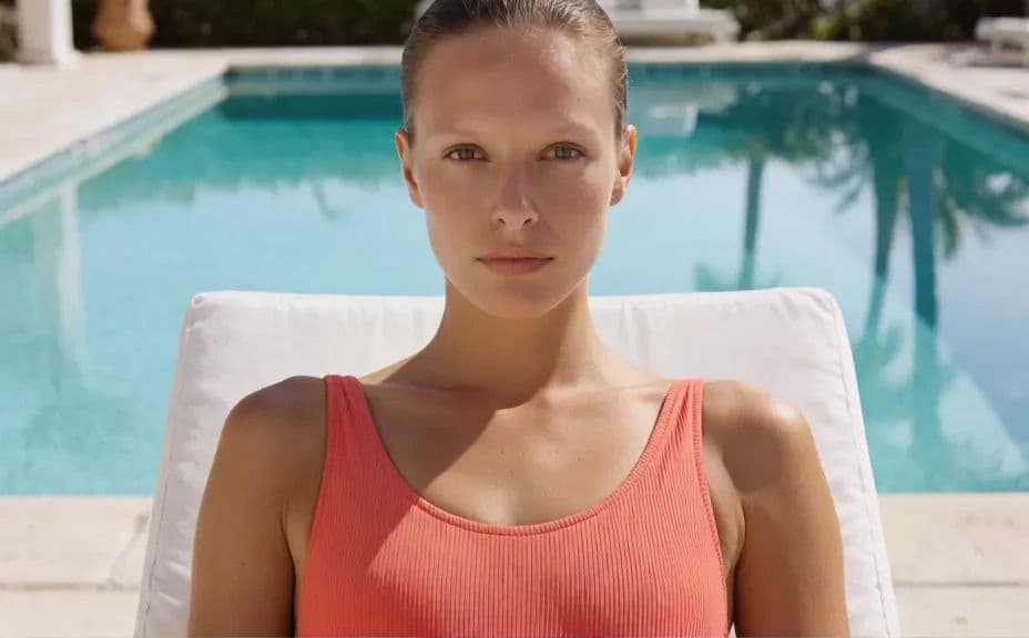 Swimwear catalogue image shot poolside in bright open sunlight