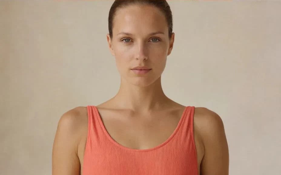 Swimwear catalogue image shot against a warm studio backdrop