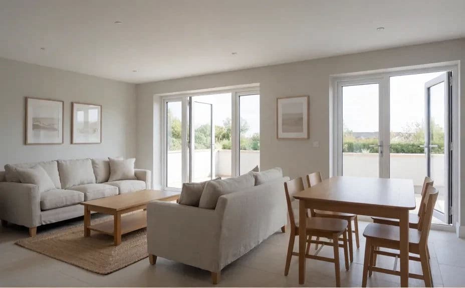 Vacation rental living space in bright daylight shot from a wide corner angle