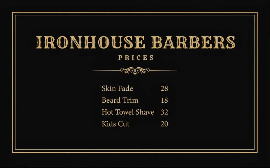 Classic gold on black barbershop price board with a centred service list