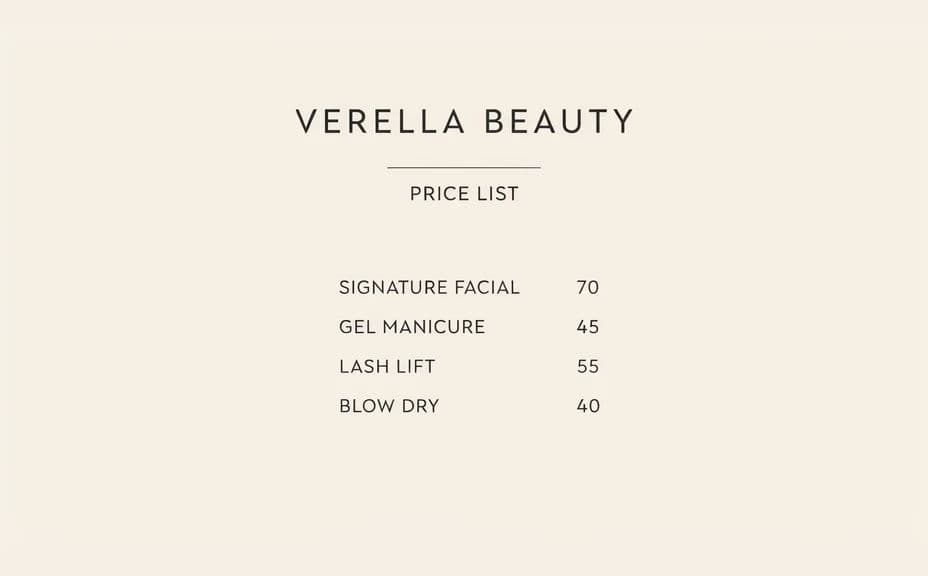 Beauty salon price list in a single-column layout with prices aligned right