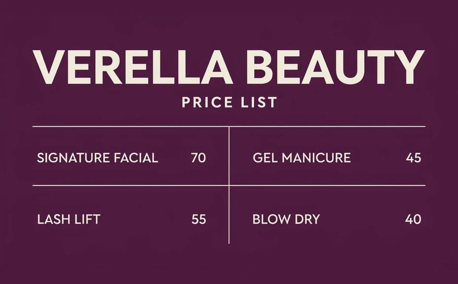Alternate salon price list design using two columns and a bolder colour block